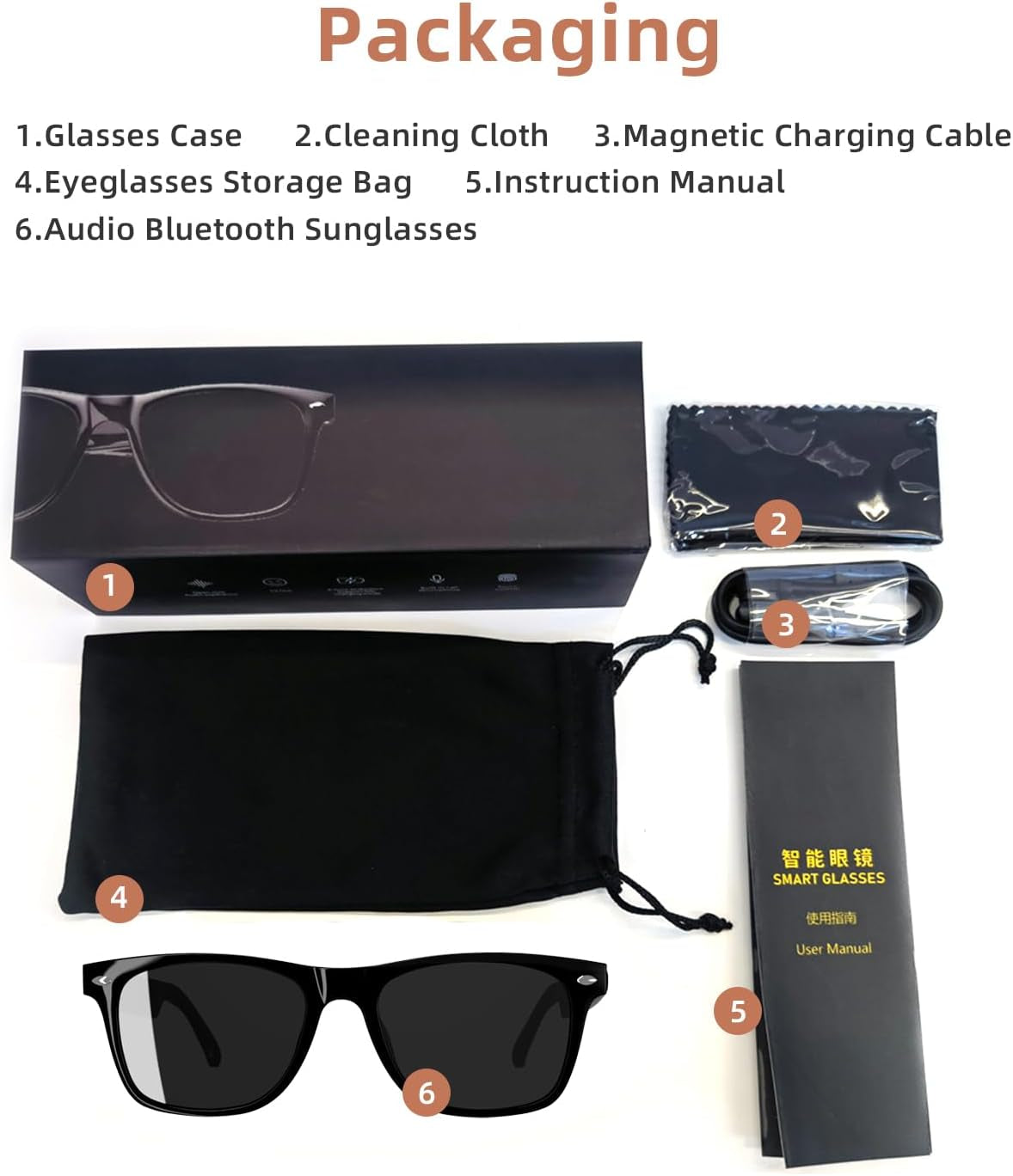 Smart Glasses Polarized Sunglass Audio Mic Speakers Bluetooth Call Remote Camera