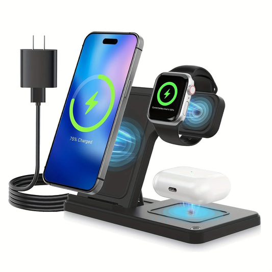 Wireless Charger, 15W QC 3.0 Magnetic Fast Charging Stand for Iphone 15 14 13 12 11 Pro Max/Plus/Xs/Xr/X/8, for Apple Watch 9/8/7/6/5/4/3/2/SE, for Airpods 3/2/Pro, 3 in 1 Wireless Charging Station