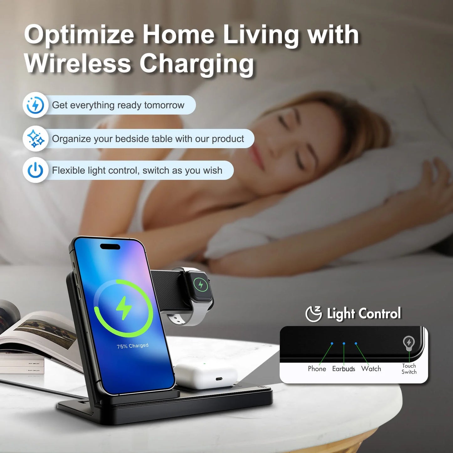 Wireless Charger, 15W QC 3.0 Magnetic Fast Charging Stand for Iphone 15 14 13 12 11 Pro Max/Plus/Xs/Xr/X/8, for Apple Watch 9/8/7/6/5/4/3/2/SE, for Airpods 3/2/Pro, 3 in 1 Wireless Charging Station