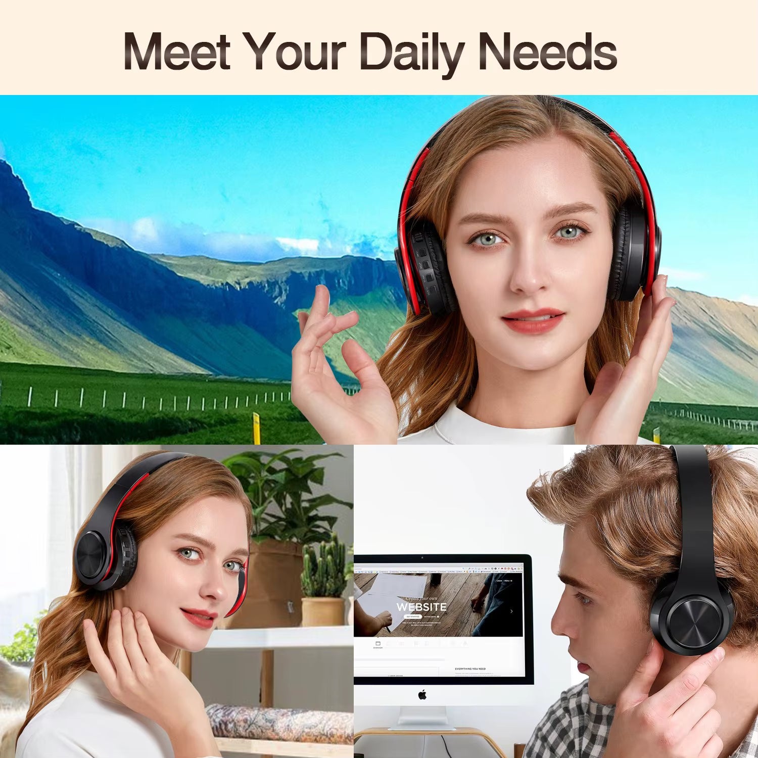 Earphone Bluetooth Headphones over Ear Stereo Wireless Headset Soft Leather Earmuffs Built-In Mic for Pc/Cell Phones/Tv