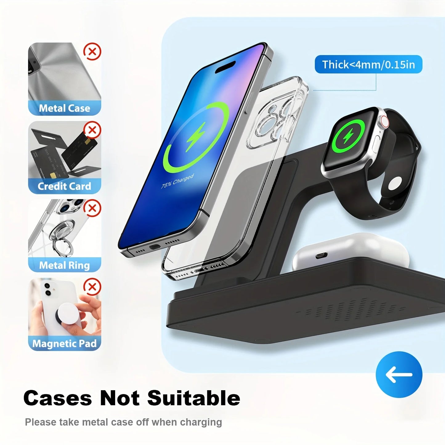 Wireless Charger, 15W QC 3.0 Magnetic Fast Charging Stand for Iphone 15 14 13 12 11 Pro Max/Plus/Xs/Xr/X/8, for Apple Watch 9/8/7/6/5/4/3/2/SE, for Airpods 3/2/Pro, 3 in 1 Wireless Charging Station