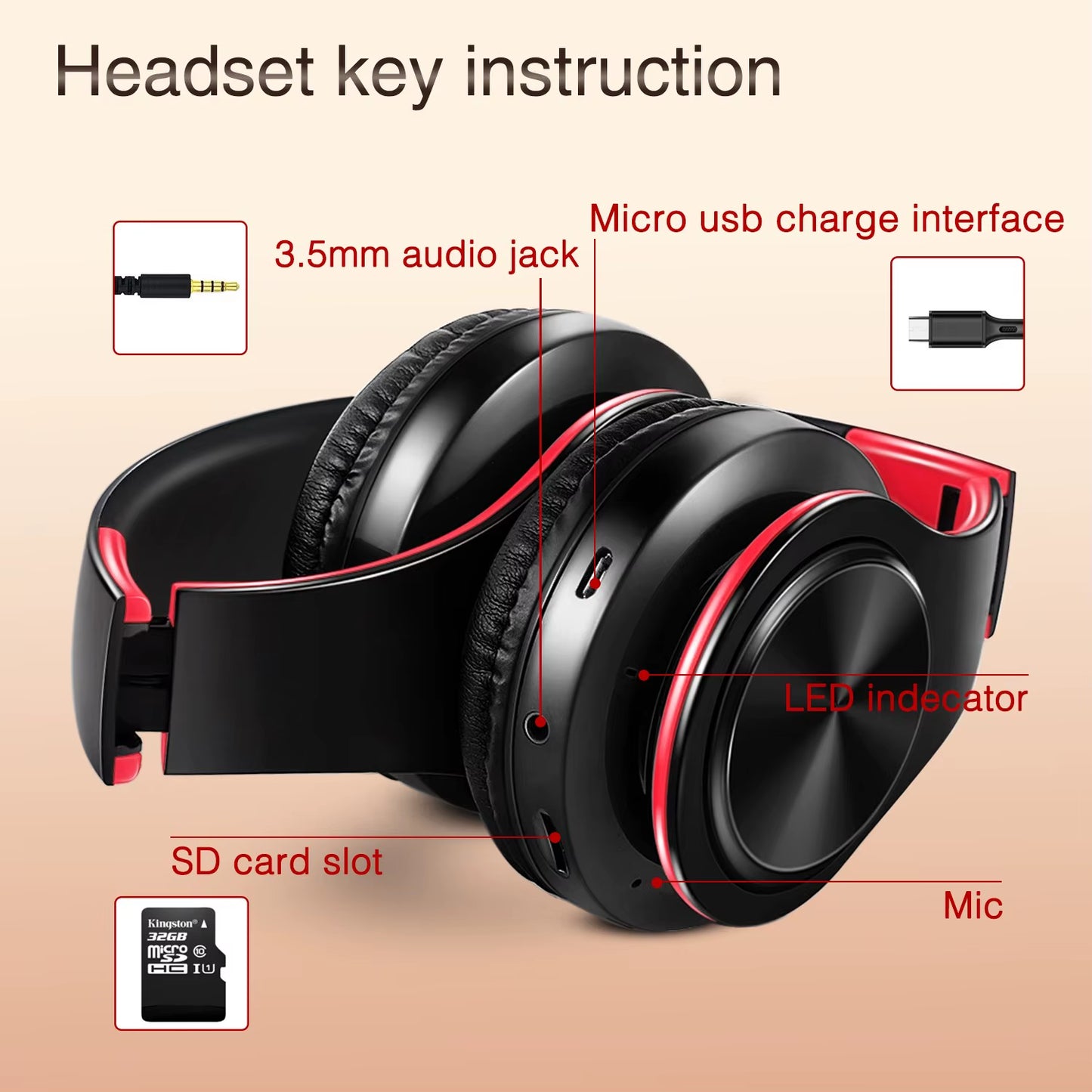 Earphone Bluetooth Headphones over Ear Stereo Wireless Headset Soft Leather Earmuffs Built-In Mic for Pc/Cell Phones/Tv