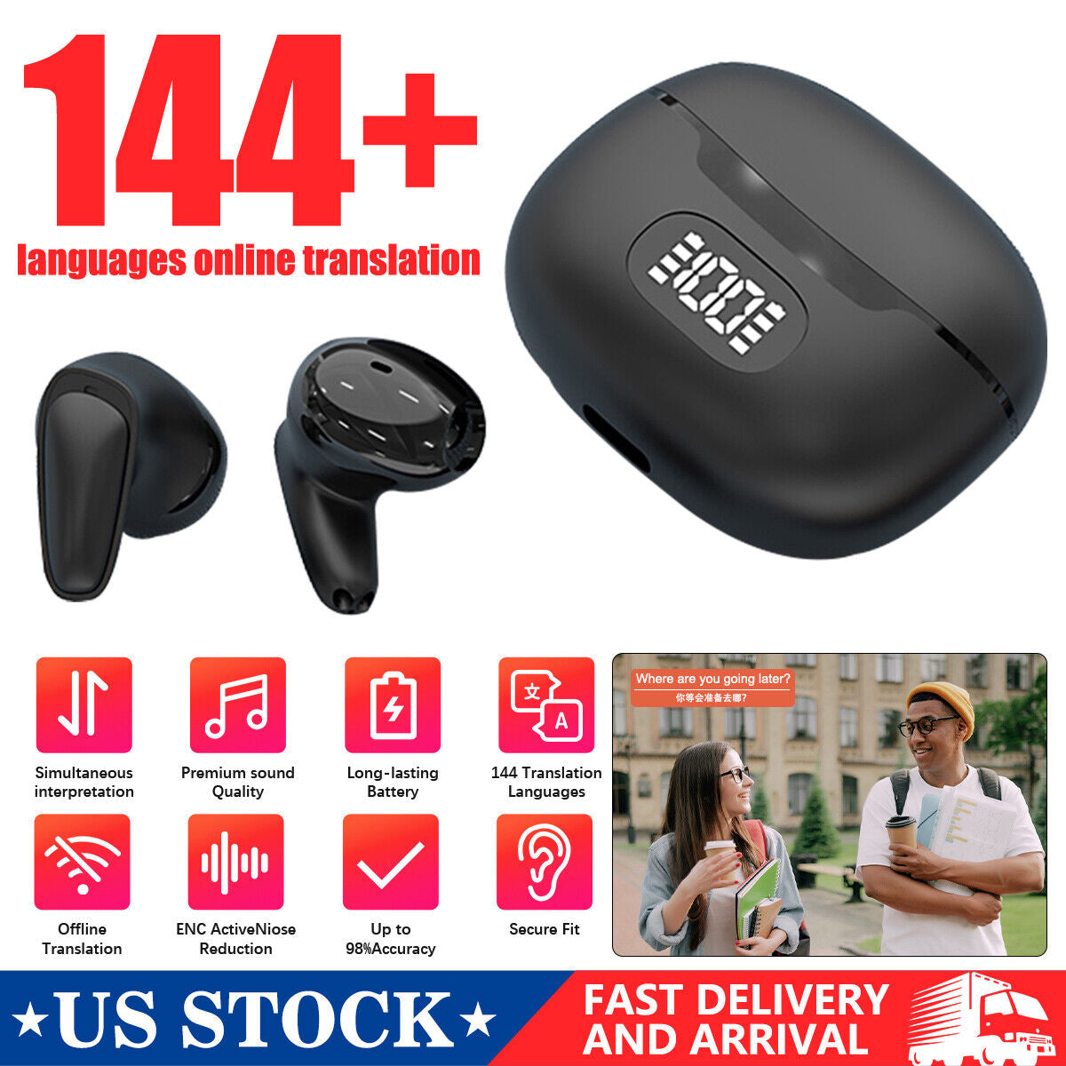 2025 AI Translation Earbuds Language Translation Device 144 Languages & Accents