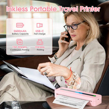 Portable Printer Wireless for Travel 300DPI Thermal Inkless Bluetooth Mobile Printer Compatible with Android Ios Phone & Laptops