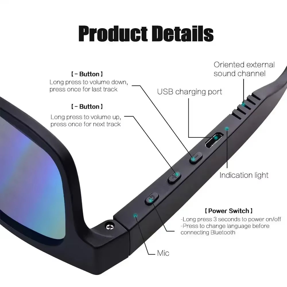 Smart Glasses Bluetooth Waterproof Sunglasses, Open Ear Audio Sunglasses Speaker Compatiable with All Smart Phones