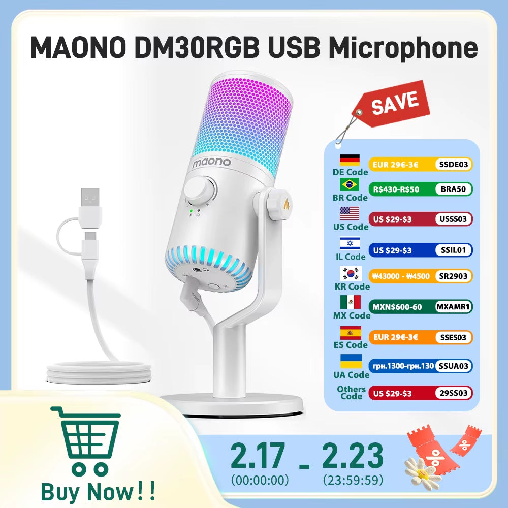 DM30 RGB USB Microphone RGB Gaming Microphone Computer Mic USB Gaming Mic with Mic Gain and RGB Lighting for Pc,Phone