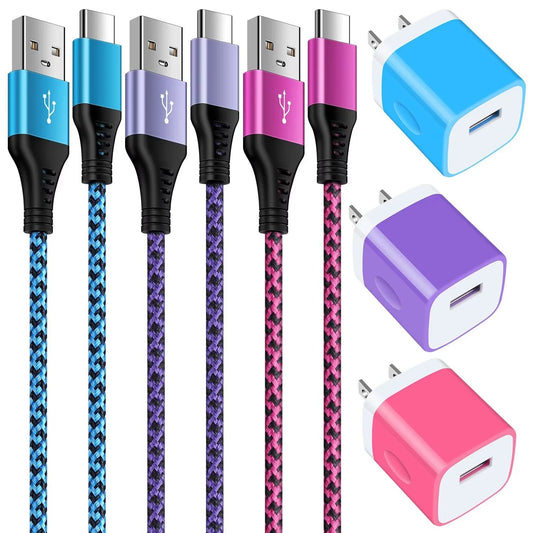 Charging Block,Type C Charger Block Fast Charging  3PCS 1A/5V Usb Wall Charger Block Adapter Plug with 3PCS Type C Charging Cables 6Ft USB C Cable High Speed Android Charger Phone Cords Type C